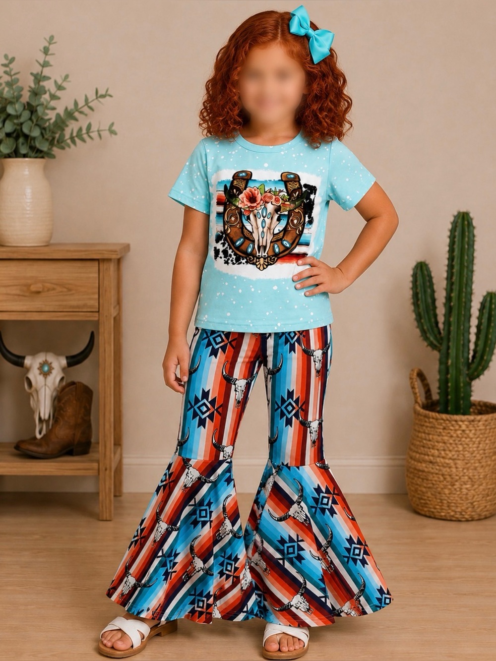 Girls Boutique Western Floral Steer Graphic Top & Floral Bell Bottom Pants Set